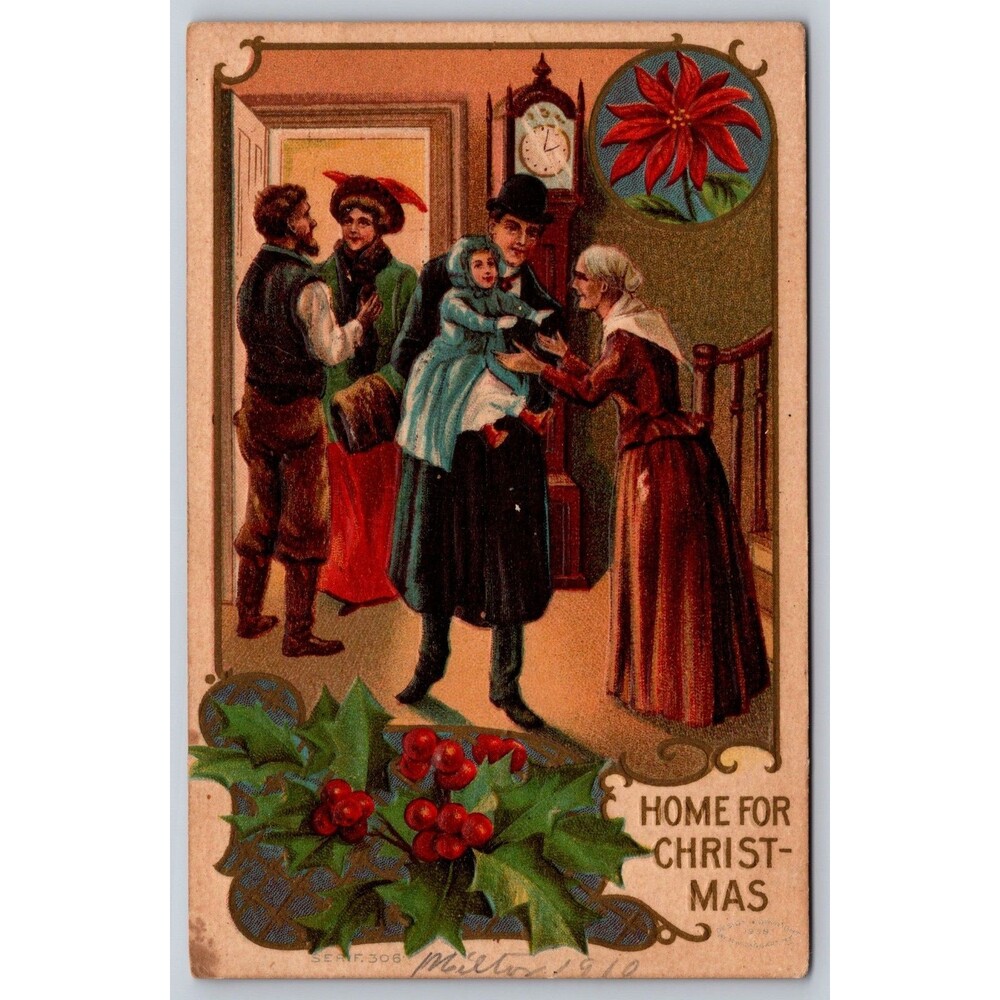 Antique Postcard Home for Christmas Child Grandma Embossed Posted 1910 Maryland